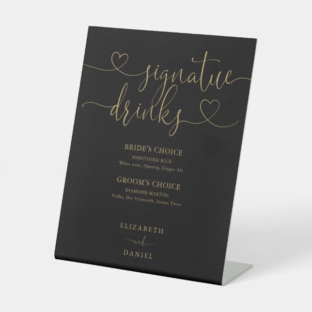 Gold Black Heart Script Wedding Signature Drinks Pedestal Sign (Front)
