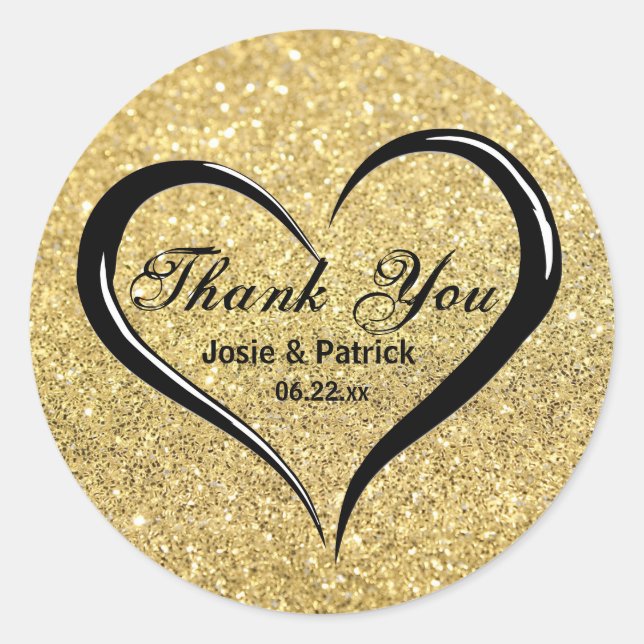 Gold Black Heart Thank You Wedding Favour Stickers (Front)