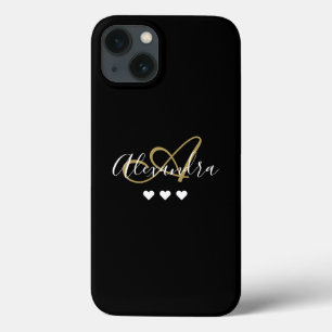Gold Black Hearts Script Name Monogram iPhone 13 Case