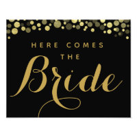 Gold & Black here comes the bride wedding sign