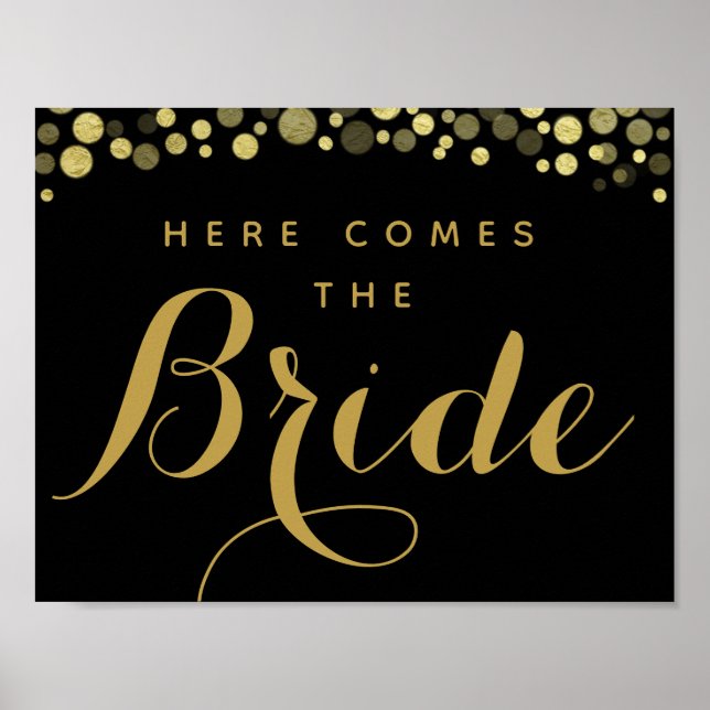 Gold & Black here comes the bride wedding sign (Front)