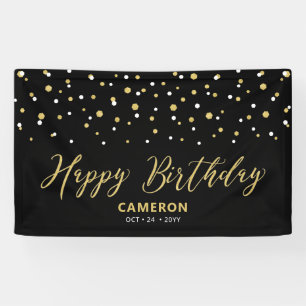Gold Black Hexagon Confetti Custom Happy Birthday  Banner