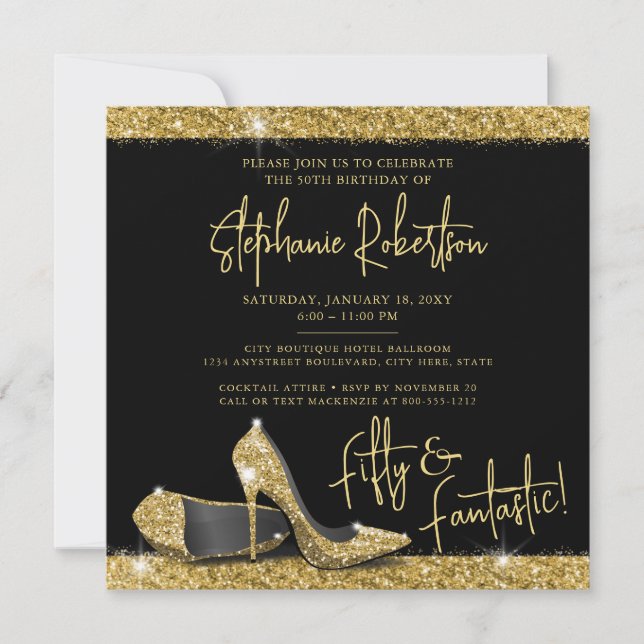 Gold Black High Heels Modern Birthday Party Square Invitation (Front)