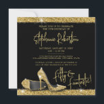 Gold Black High Heels Modern Birthday Party Square Invitation<br><div class="desc">Modern High Heel Shoes "Fifty and Fantastic" Theme 50th Birthday Party Square Invitation in Elegant and Glam Gold and Black Glitter with Trendy and Current Script Font paired with classic serif block text for the party details. Features a pair of faux glitter effect stiletto pumps resting on a sparkly shiny...</div>