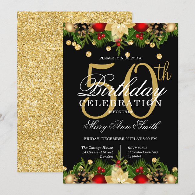 Gold & Black Holiday Glitter 50th Birthday Party Invitation (Front/Back)