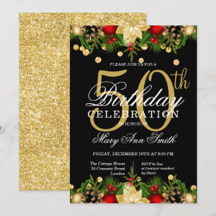Gold & Black Holiday Glitter 50th Birthday Party Invitation