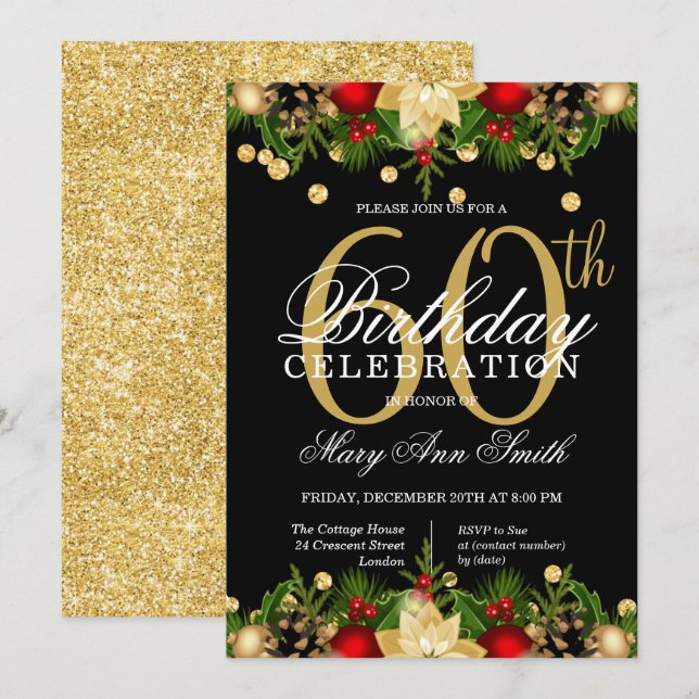 Gold & Black Holiday Glitter 60th Birthday Party Invitation (Front/Back)