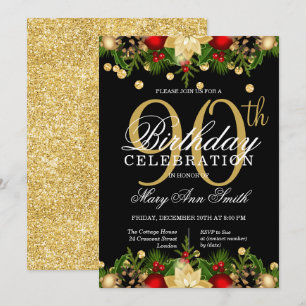 Gold & Black Holiday Glitter 90th Birthday Party Invitation