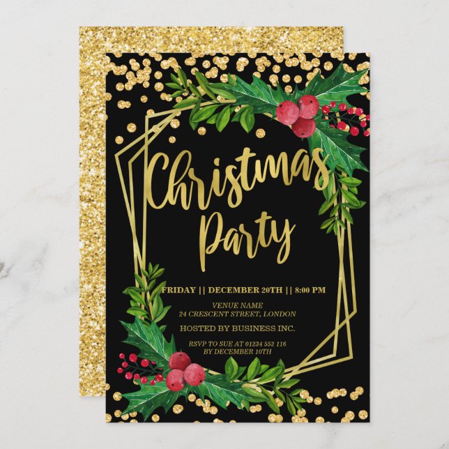 Gold Black Holly Frame Glitter Christmas Corporate Invitation (Front/Back)