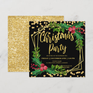 Gold Black Holly Frame Glitter Christmas Corporate Invitation