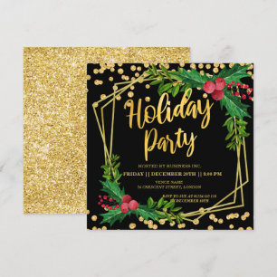 Gold Black Holly Frame Glitter Holiday Corporate Invitation