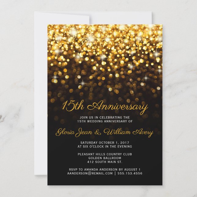 Gold Black Hollywood Glam 15th Wedding Anniversary Invitation (Front)
