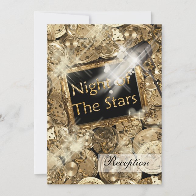 Gold black Hollywood stars Invitation (Front)