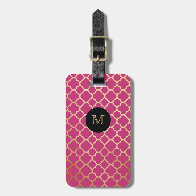 Gold, Black & hot pink quatrefoil Luggage Tag (Front Vertical)