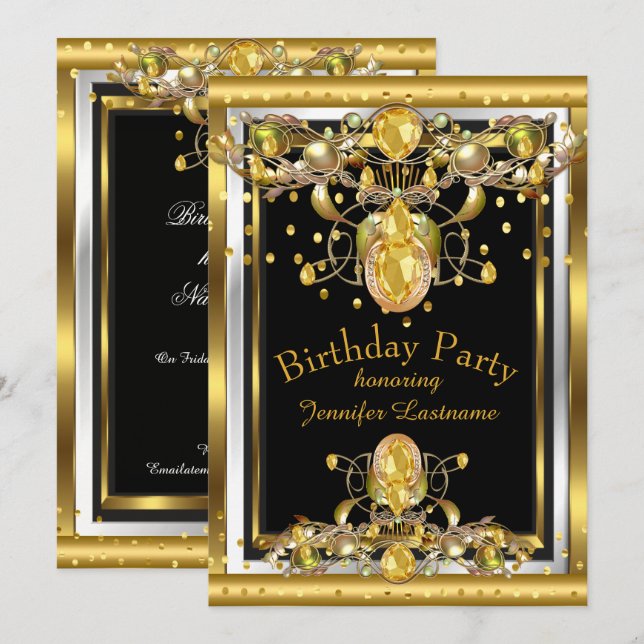 Gold Black Jewelled Birthday Party Invitation (Front/Back)