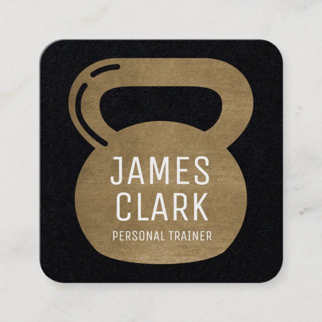 Gold & Black Kettlebell Personal Fitness Trainer Square Business Card (Front)
