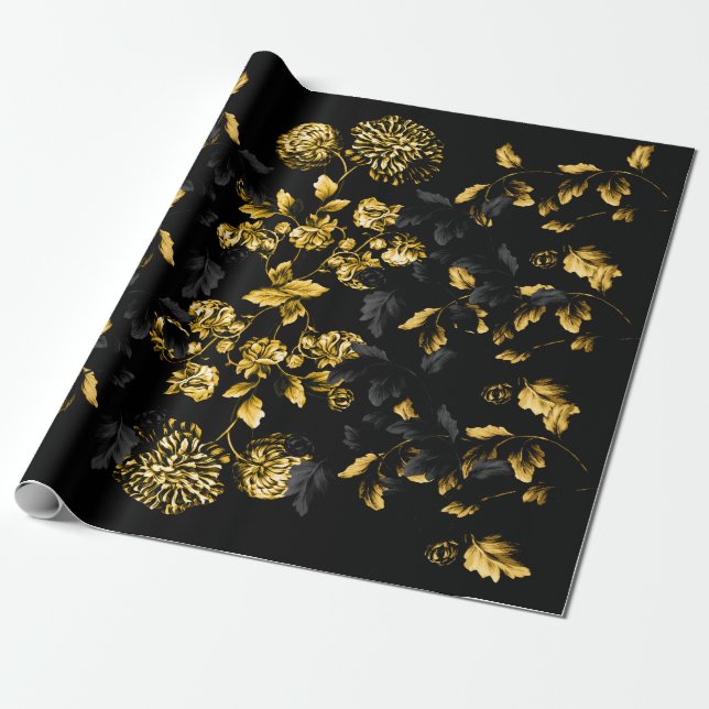 Gold Black Leaf Dahlia Blooms Floral Vine On Black Wrapping Paper (Unrolled)
