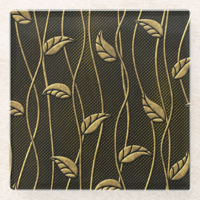 Gold & Black: Leaves 3D Texture. Glass Coaster (Front)