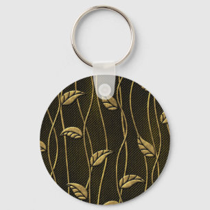Gold & Black: Leaves 3D Texture. Key Ring