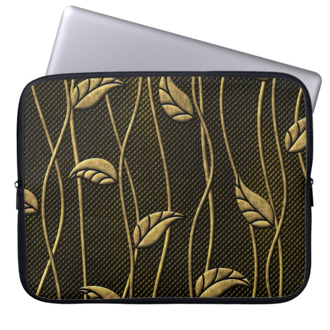 Gold & Black: Leaves 3D Texture. Laptop Sleeve (Front)