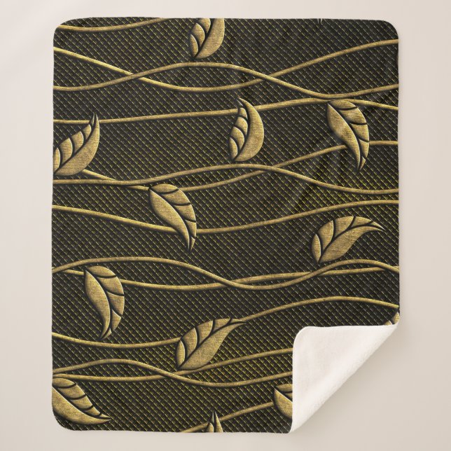 Gold & Black: Leaves 3D Texture. Sherpa Blanket (Front)