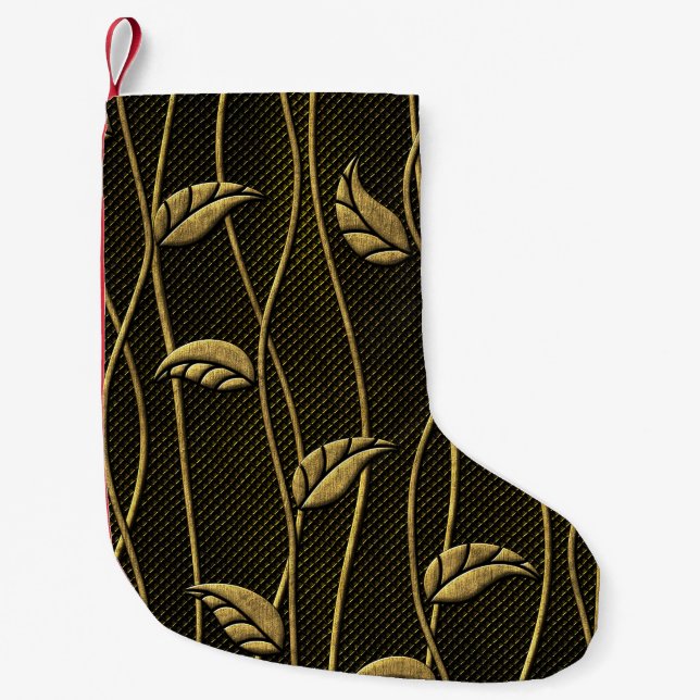 Gold & Black: Leaves 3D Texture. Small Christmas Stocking (Front)