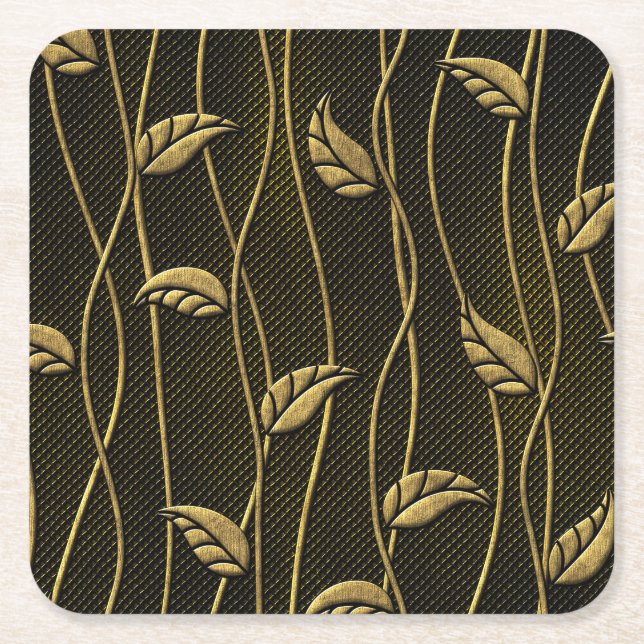 Gold & Black: Leaves 3D Texture. Square Paper Coaster (Front)