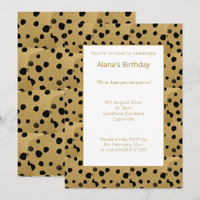 GOLD BLACK LEOPARD ANIMAL PRINT BIRTHDAY INVITATION (Front/Back)