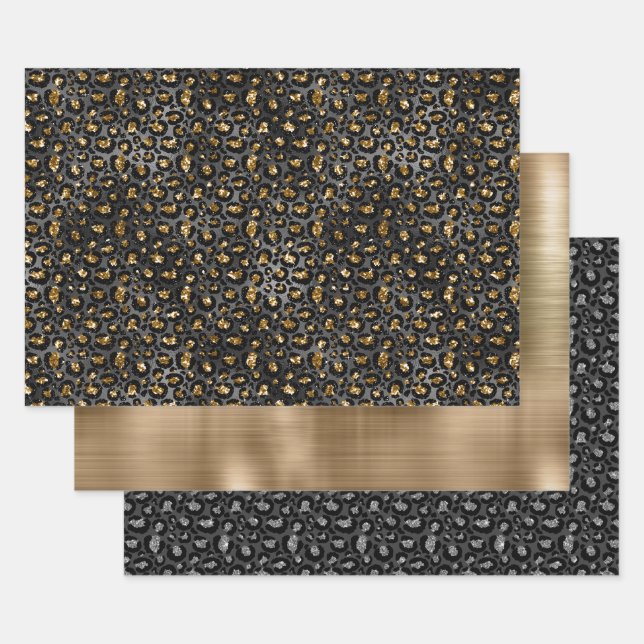 Gold Black Leopard Glitter  Wrapping Paper Sheet (Set)