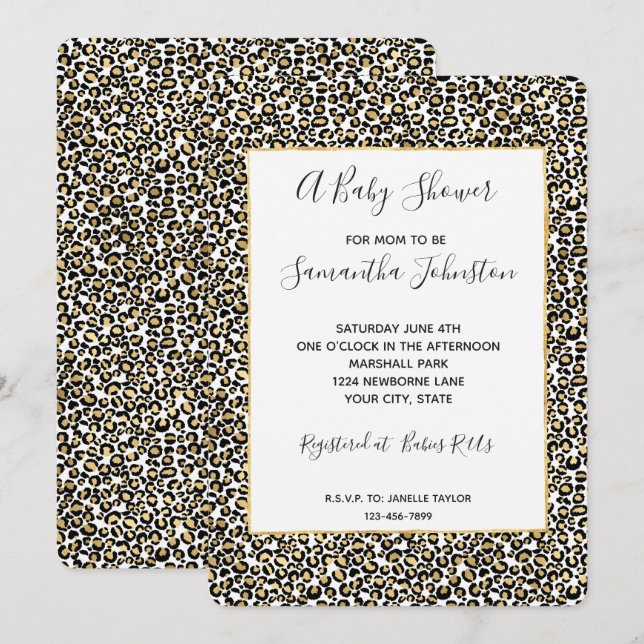 Gold Black Leopard Print Baby Shower Invitation (Front/Back)