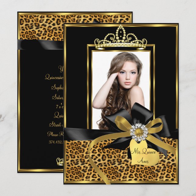 Gold Black Leopard Print & Bow Photo Quinceanera Invitation (Front/Back)