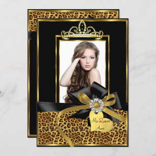 Gold Black Leopard Print & Bow Photo Quinceanera Invitation
