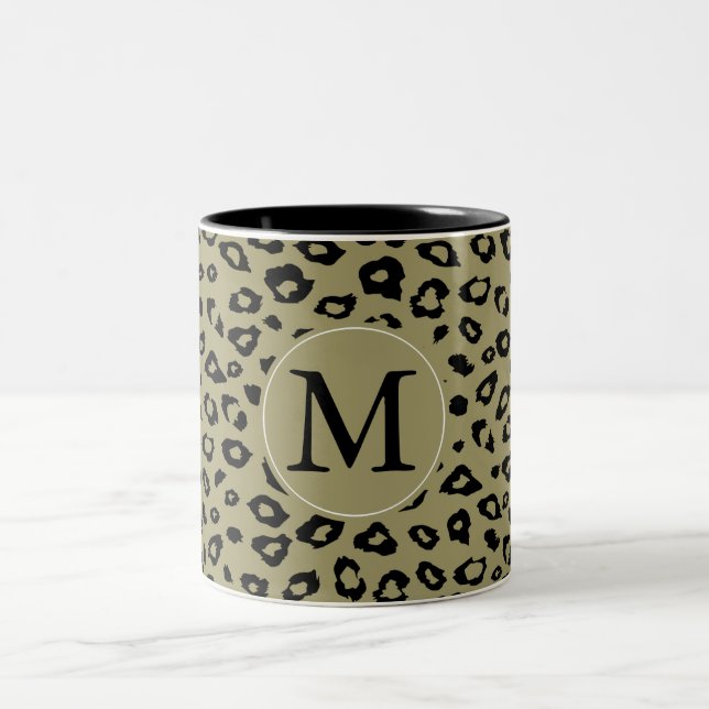 Gold Black Leopard Print Monogram Two-Tone Coffee Mug (Center)
