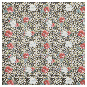 Gold Black Leopard Print Red White Flowers Fabric