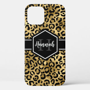 Gold Black Leopard Spots Monogram iPhone 12 Pro Case