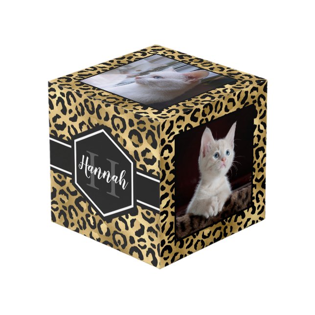 Gold Black Leopard Spots Monogram Cube (Front Angled)
