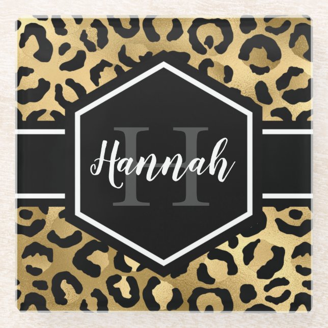 Gold Black Leopard Spots Monogram Glass Coaster (Front)