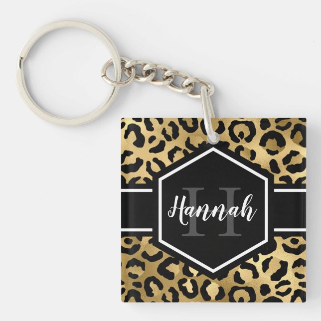 Gold Black Leopard Spots Monogram Key Ring (Front)