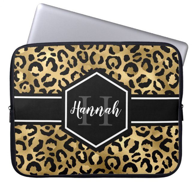 Gold Black Leopard Spots Monogram Laptop Sleeve (Front)