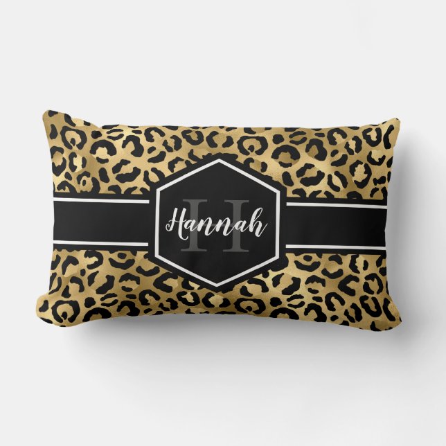 Gold Black Leopard Spots Monogram Lumbar Cushion (Front)