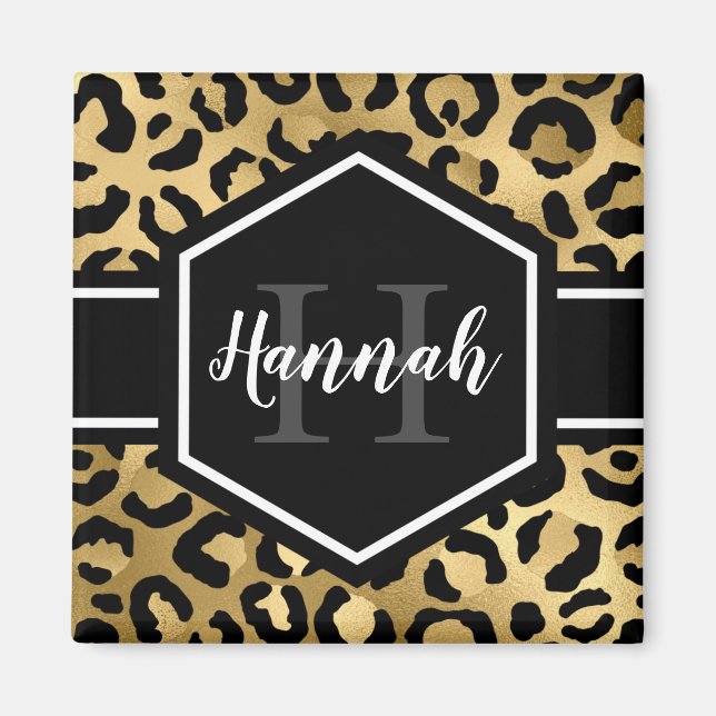 Gold Black Leopard Spots Monogram Magnet (Front)