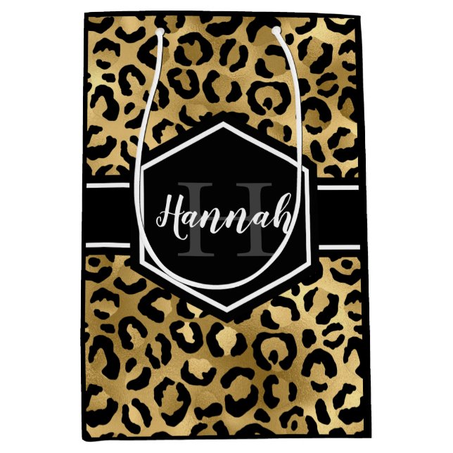 Gold Black Leopard Spots Monogram Medium Gift Bag (Front)