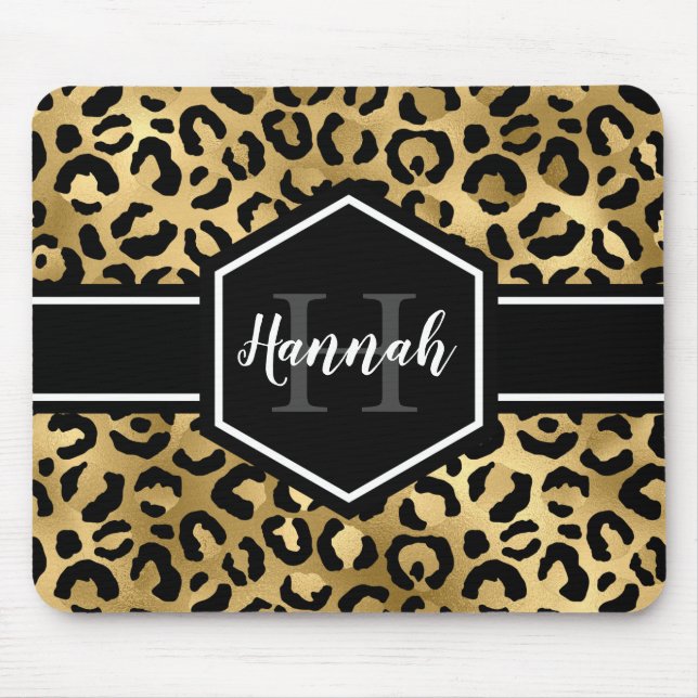 Gold Black Leopard Spots Monogram Mouse Mat (Front)