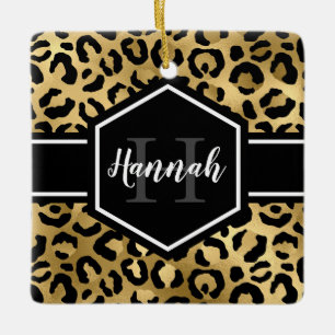 Gold Black Leopard Spots Monogram Photo Ceramic Ornament