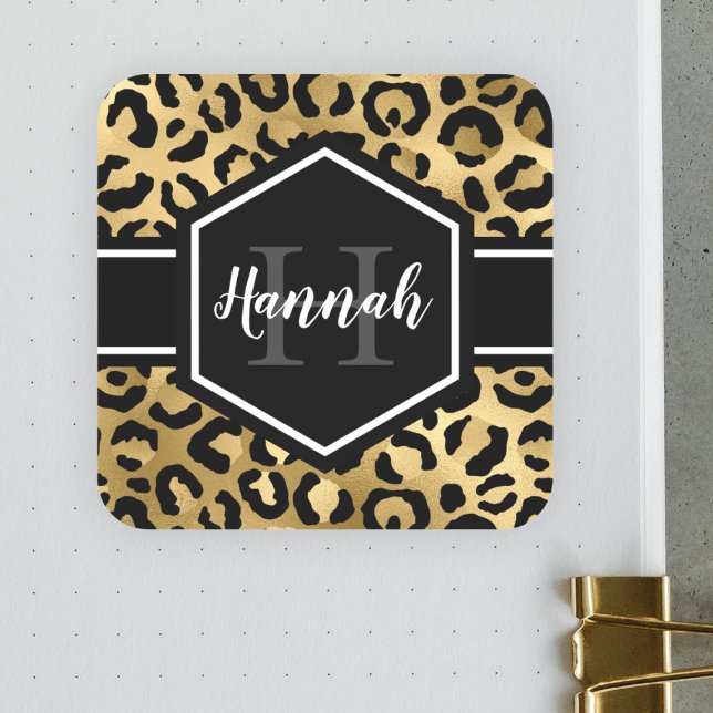 Gold Black Leopard Spots Monogram Square Sticker (Creator Uploaded)