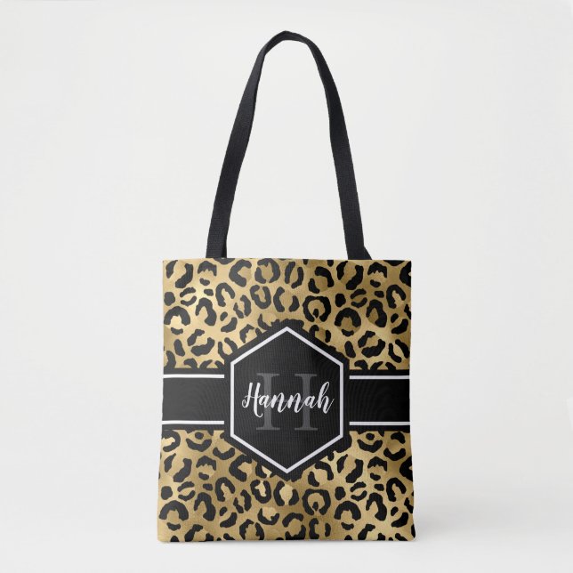 Gold Black Leopard Spots Monogram Tote Bag (Front)