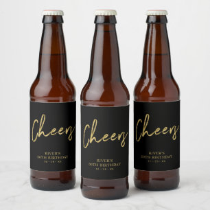 Gold & Black Lettering Cheers Adult Birthday Party Beer Bottle Label