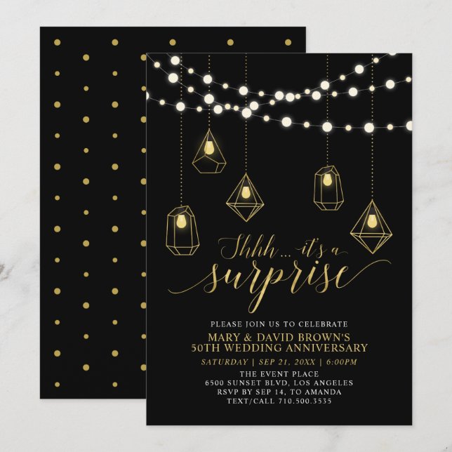 Gold & Black Lights Surprise Wedding Anniversary Invitation (Front/Back)