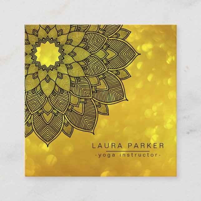 Gold Black Lotus Mandala Yoga Instructor Holistic Square Business Card (Front)
