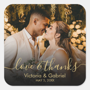 Gold Black Love and Thanks Script Wedding Photo Square Sticker